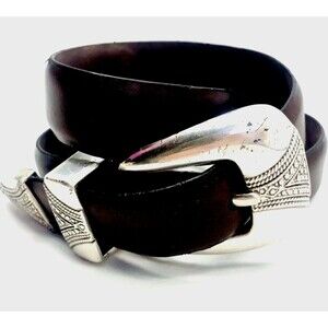 Olga Santini Vtg Skinny Belt Leather Brown Silver Buckle S M Women 25-30" Waist